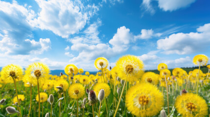 Fototapeta premium Many yellow dandelion flowers in meadow inn nature in summer. Generative ai