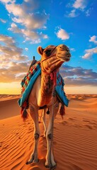 A large camel drumader stands on the sand near the Egyptian pyramids against the background of a golden sunset. Generated by AI.