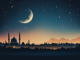 A crescent moon in the twilight sky after sunset over the dome of the mosque and the ancient city. Generated by AI.