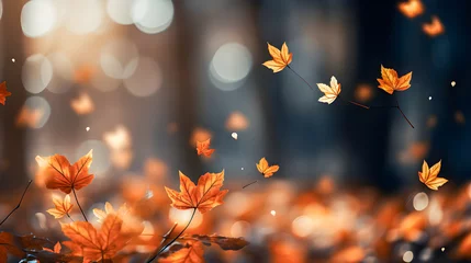 Fototapeten Autumn landscape and background with autumn maple leaves flying and falling. Autumn season wallpaper. Copy space. © JMarques