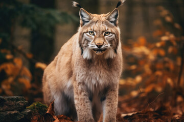 Lynx sitting looking at camera among dry plants in autumn. Generative ai