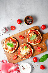 Eggplant Pizza with Tomato Sauce, Minced Meat, Mozzarella and Basil, Mini Vegetable Pizza over Bright Background