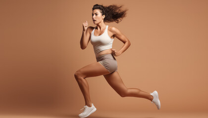 Fototapeta na wymiar Sports woman running over beige background