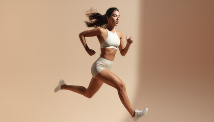 Fototapeta na wymiar Sports woman running over beige background