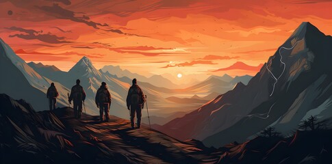 People hiking in beautiful mountain landscape at sunset.Poster art, fictional landscapes  created  with Generative AI technology