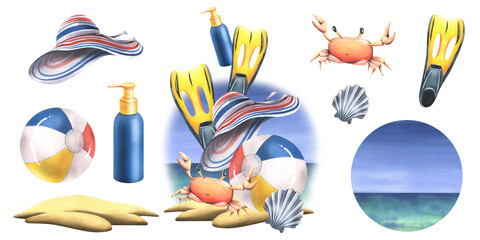 Inflatable ball with striped hat, crab, shell, flippers and sunscreen on a tropical island. Watercolor illustration, hand drawn. Set of isolated elements on a white background