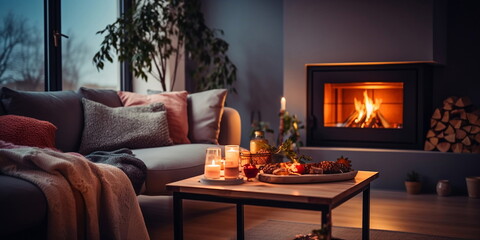 cozy room with sofa ,candle light and kamin on front evening windows ,urban city life modern design - 628811399
