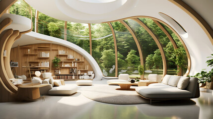 Fototapeta premium Modern room in house surrounded with forest. Large windows, organic architecture. Generative AI