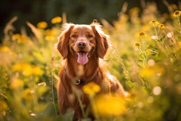 portrait of a happy summer dog outdoors in a field landscape