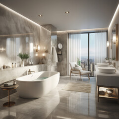 Fototapeta na wymiar Interior Design of a spacious Modern Luxury Bathroom