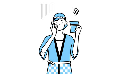 預金通帳を見て落ち込む夏祭りの法被を着たシニア女性