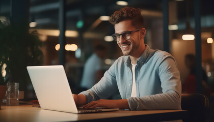 Smiling business man businessman sitting in a restaurant working on a laptop.