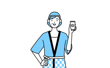 仕事でスマホを使う夏祭りの法被を着たシニア女性