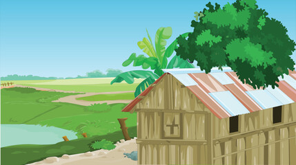 View of green village landscape with wooden house  in asian village - vector