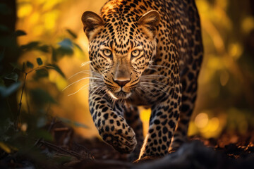 Image of yellow leopard with black spots walking towards camera in forest in sunny weather. Generative ai