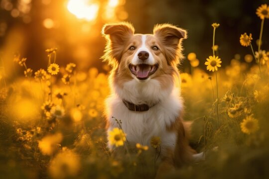 portrait of a happy summer dog outdoors in a field landscape