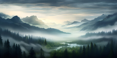 Photo realistic illustration of mountains forest fog morning mystic created  with Generative AI technology