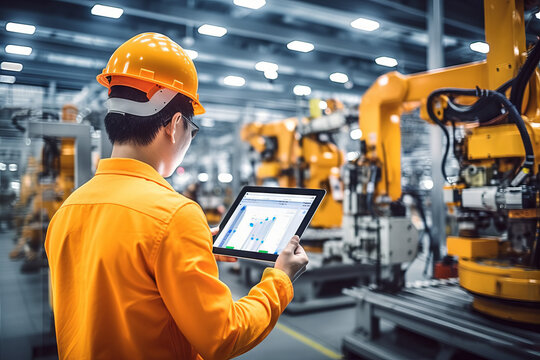Industry 4.0: Engineer Monitoring Robotics Welding in Intelligent Factory. Digital manufacturing operation. Generative AI.
