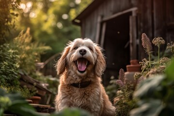 happy summer furry dog in a bright summer neighborhood yard portrait