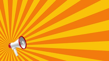 Megaphone announcement with orange radial lines retro pop art comic magazine style. Comic book style promo background.