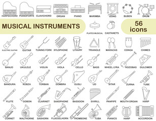 Simple set of musical instruments in thin line design. Images of various musical instruments with titles.