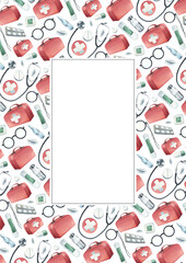 A kit of medical equipment with a red first aid bag. Watercolor illustration drawn by hand. Vertical template, a frame on a white background.