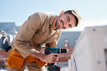 Engineer man, roof and portrait for air conditioning maintenance, smile or building in city for...
