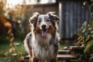 Fototapeta premium happy summer furry dog in a bright summer neighborhood yard portrait