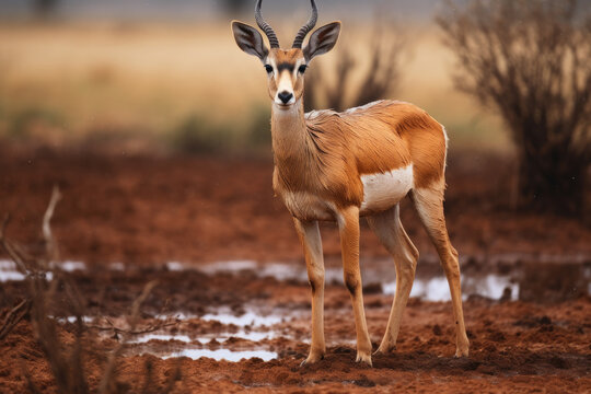 Gazella subgutturosa, Gazella Subgutturosa -Acem Ceylanı looking at camera on mud surface, in brown tones. Generative ai
