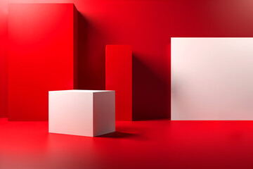 Abstract minimal concept. Red White colour background with cube podium abstract geometric and natural shadow. Mock up template for product presentation. copy text space