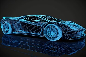 Side view of a Blue Sports car wireframe blueprint with transparent engine and beautiful headlights. Sports car blue prints 3d rendered.