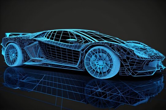 Side view of a Blue Sports car wireframe blueprint with transparent engine and beautiful headlights. Sports car blue prints 3d rendered.