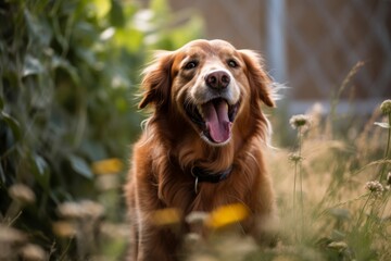 Fototapeta premium Portrait of a Happy Summer Dog in a Suburban Yard