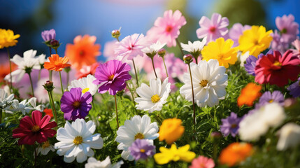 Colorful beautiful multicolored flowers, Zinnia spring summer background. Generative ai