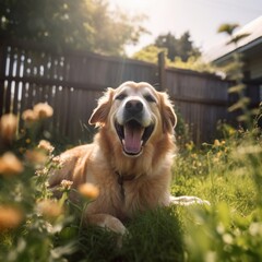 Obraz premium Portrait of a Happy Summer Dog in a Suburban Yard