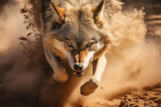 Close-up shot of light gray and white angry wolf attacking camera among sand and dust. Generative ai