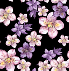 Fototapeta premium Watercolor, drawn, trendy, summer, bright, beautiful, textile, floral print, pattern, nature, garden, orchid, mood, decor, cards, interior, seamless on black