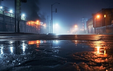 Neon light in a dark empty street with smoke, smog. Scene of empty street, night view