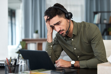 Frustrated, man and working in a call center on laptop and sad businessman with fatigue, tired and...