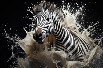 Fototapeta na wymiar Close-up of white zebra with black stripes among splashing water, splash concept. Generative ai