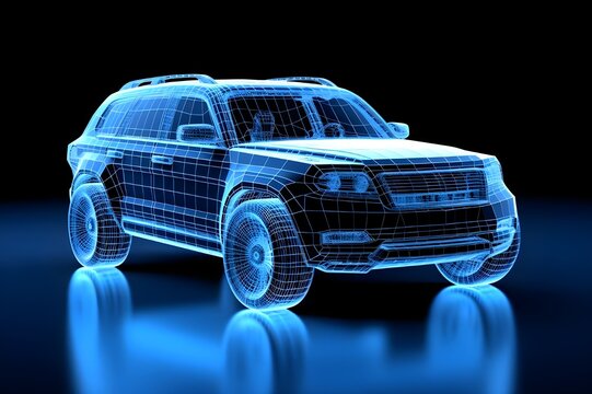 Suv car blue wire frame isolated on a black background, blueprints. 3d render SUv car blue wireframe.  - Powered by Adobe