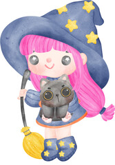 Cute whimsical Halloween Witch hug cat and with broomstick Doodle in Cartoon  watercolor illustration