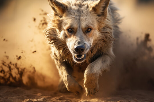 Close-up image of dog running in mud and dirt in brown tones. Generative ai