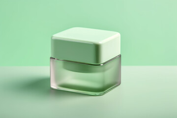 Small glass container against lime green background. Cosmetics mock up, AI generative, Illustration.