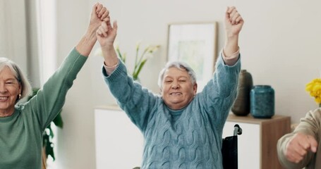 Senior friends, home and watching tv with celebration, happy and fist in air with man, women and sport fan. Elderly group, retirement and excited for goals, winning and support for team on television
