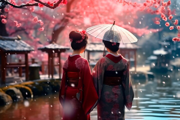 Japanese women walk under sakura trees with umbrellas. Traditional Japanese clothing. Japanese culture Art. AI Generated