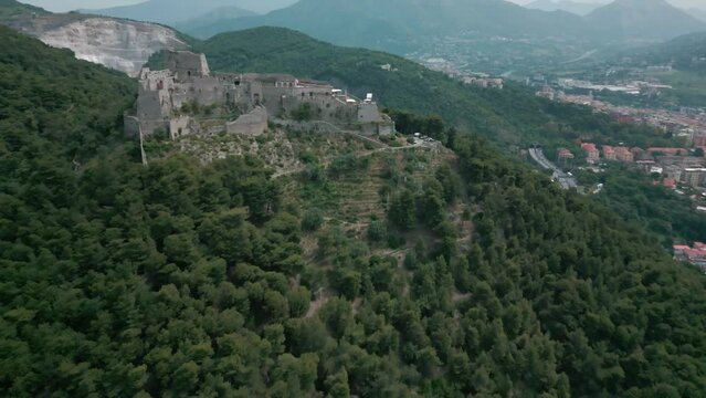 aerial view from the drone of the Gulf of Salerno with its commercial port, the crystal clear sea, the castle of Arechi, Piazza of Libert&agrave;