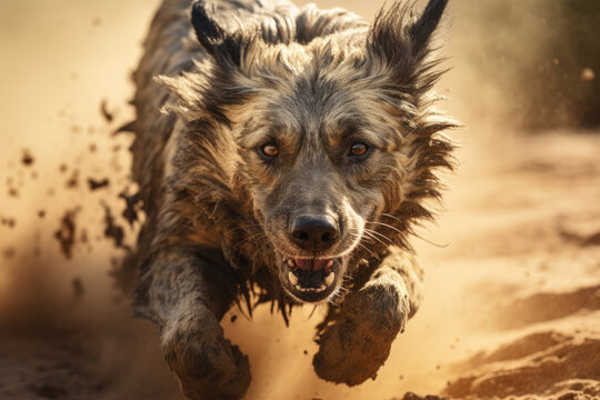 Brown toned close-up photo of wet dark colors dog stuck in mud in middle of desert. Generative ai