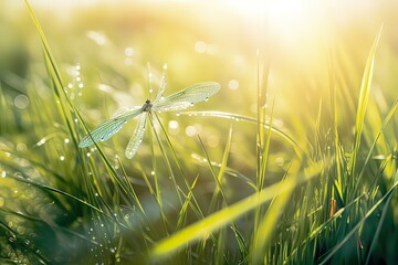 Beautiful wide of a morning in nature with dragonfly - obrazy, fototapety, plakaty
