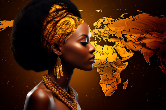 African woman in traditional dress. On the background of the map of Africa. Profile photo. AI Generated
